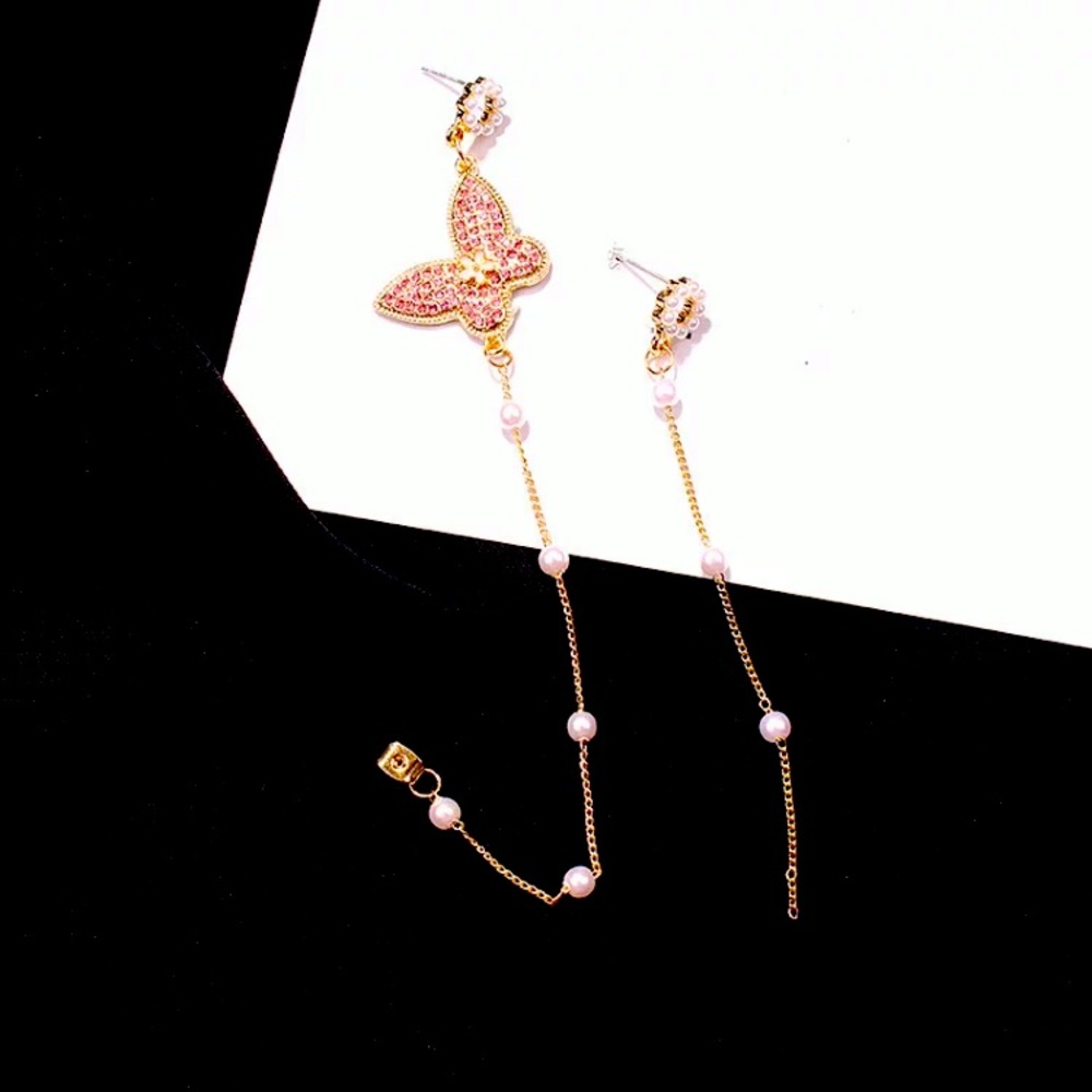 Pink Rhinestone Asymmetrical Butterfly Earrings - Picture 4 of 5